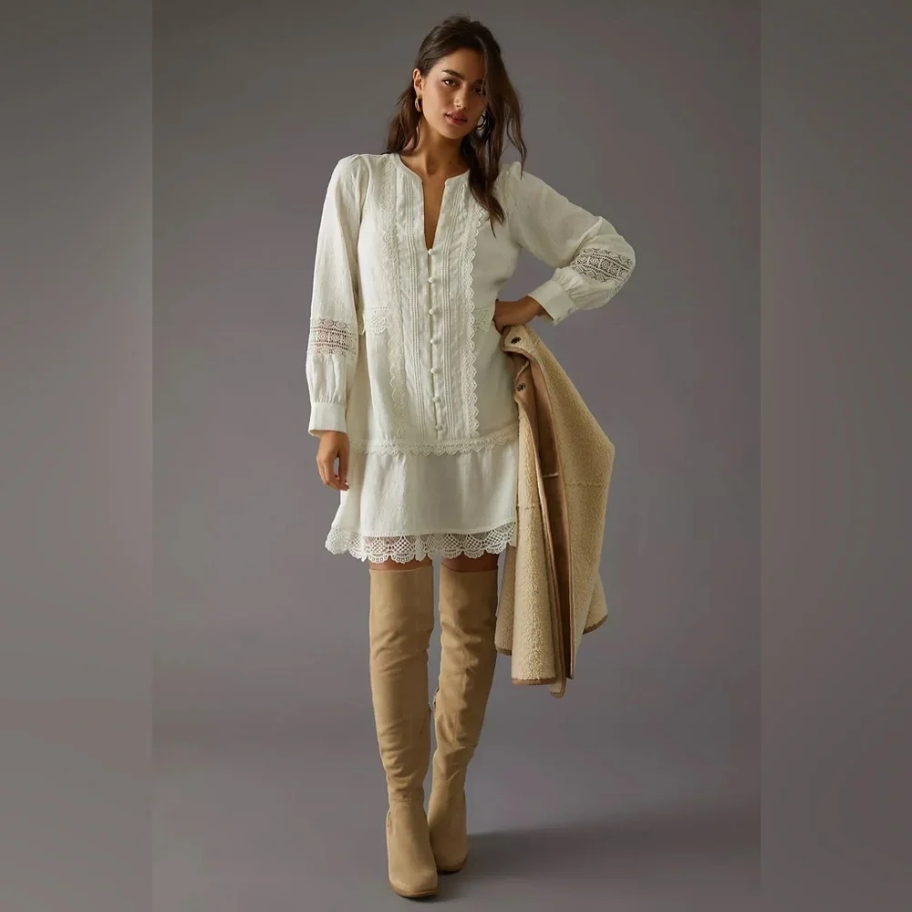 Anthropologie White Long Sleeve Dress Size Medium - Picture 6 of 12